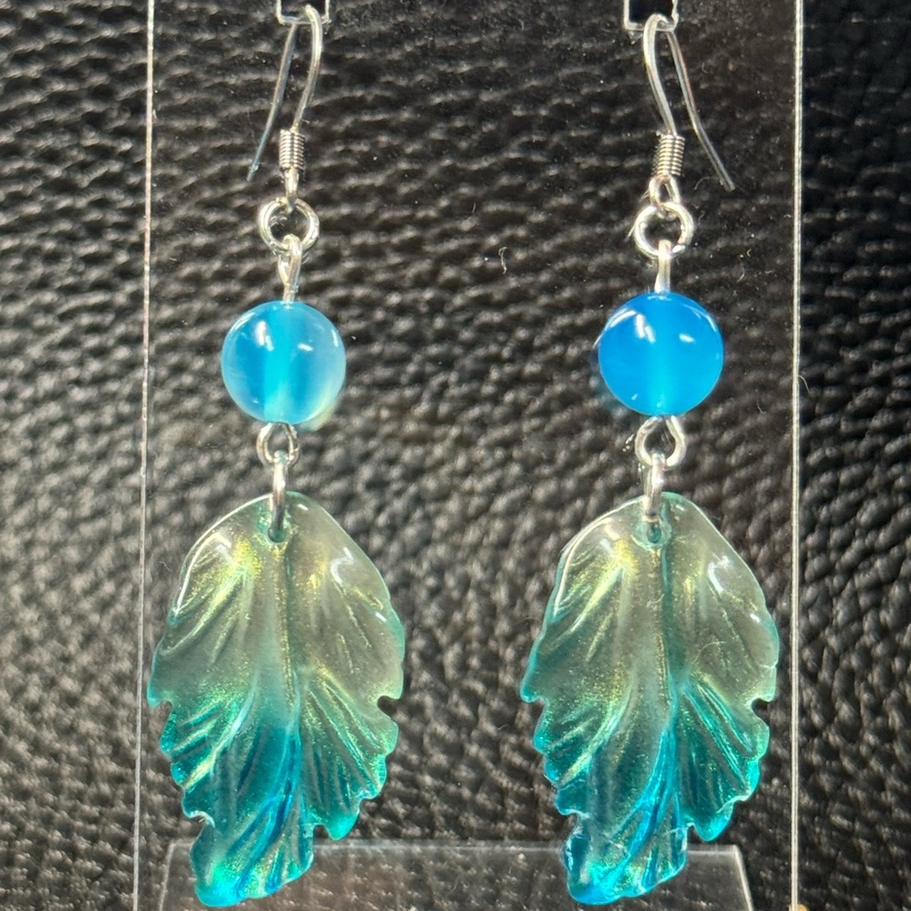 Handmade blue Czech glass leaf earrings